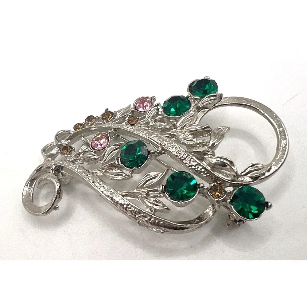 Vintage Silver Tone Rhinestone Leaf Brooch Pendant Green Pink 2.5